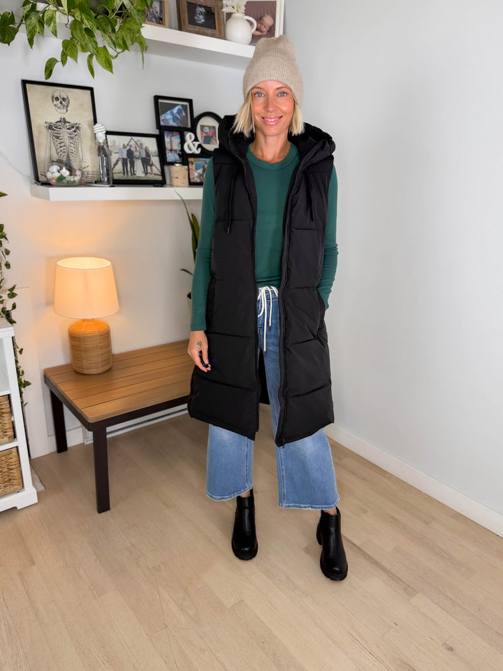 ONLY Blair Long Hooded Puffer Vest- BLACK