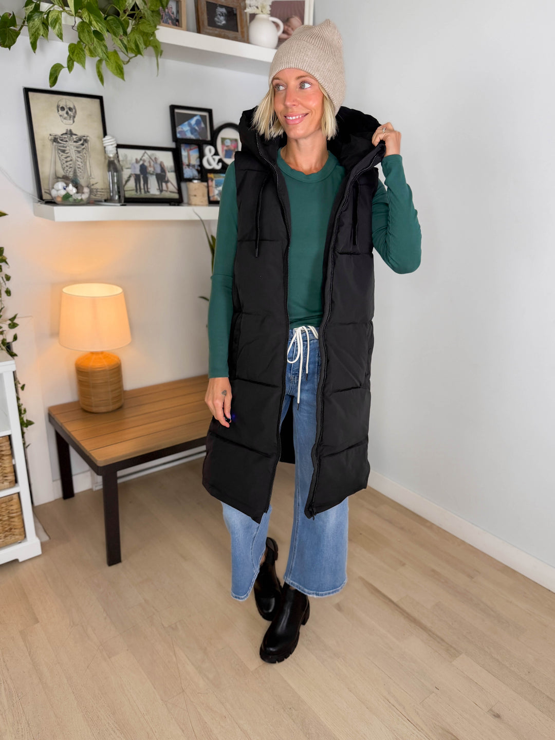 ONLY Blair Long Hooded Puffer Vest- BLACK