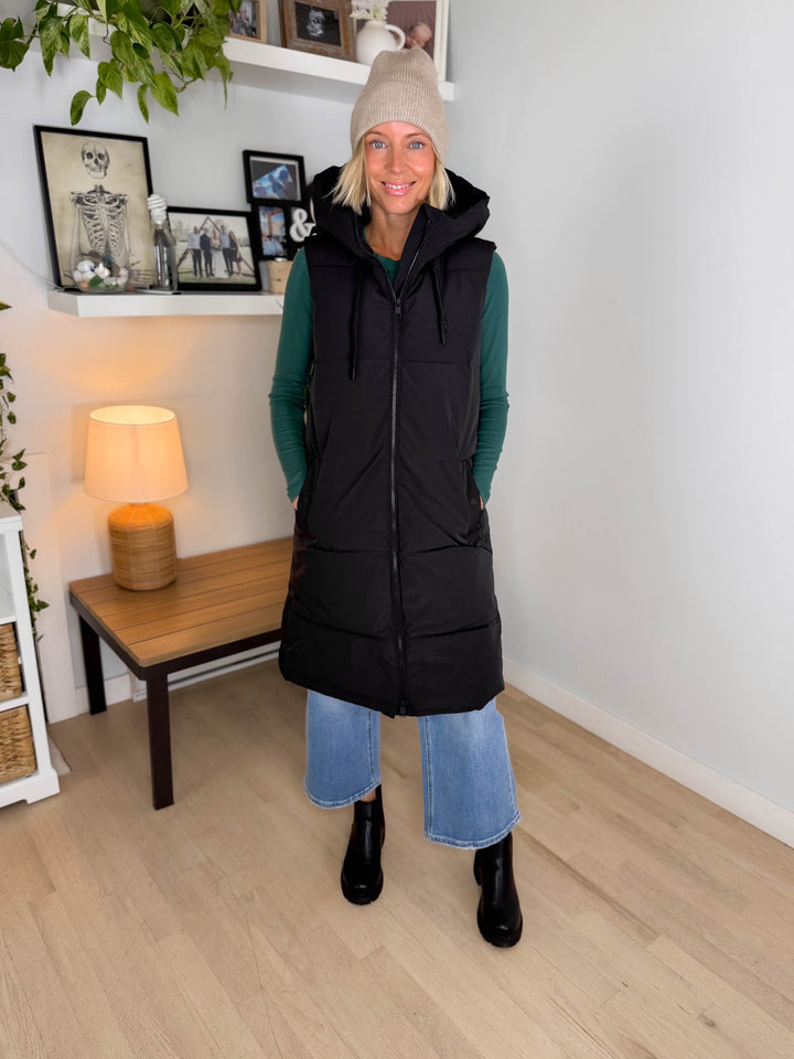 ONLY Blair Long Hooded Puffer Vest- BLACK