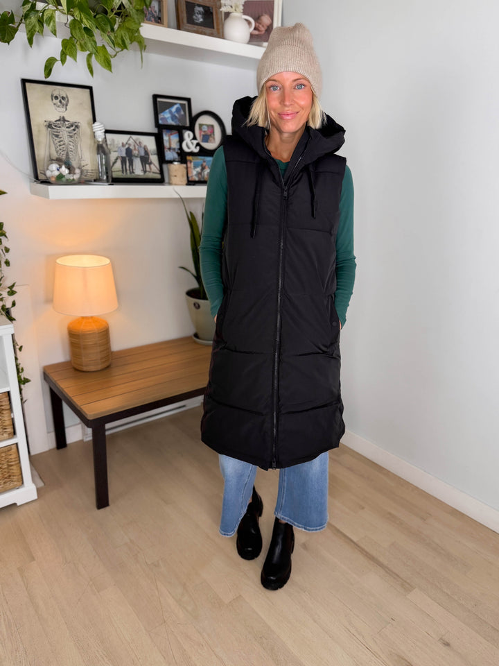 ONLY Blair Long Hooded Puffer Vest- BLACK
