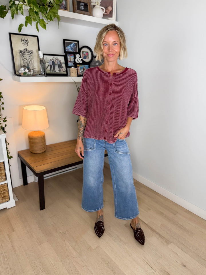 Vesper Washed Cotton Rolled Edge Cardigan- BURGUNDY