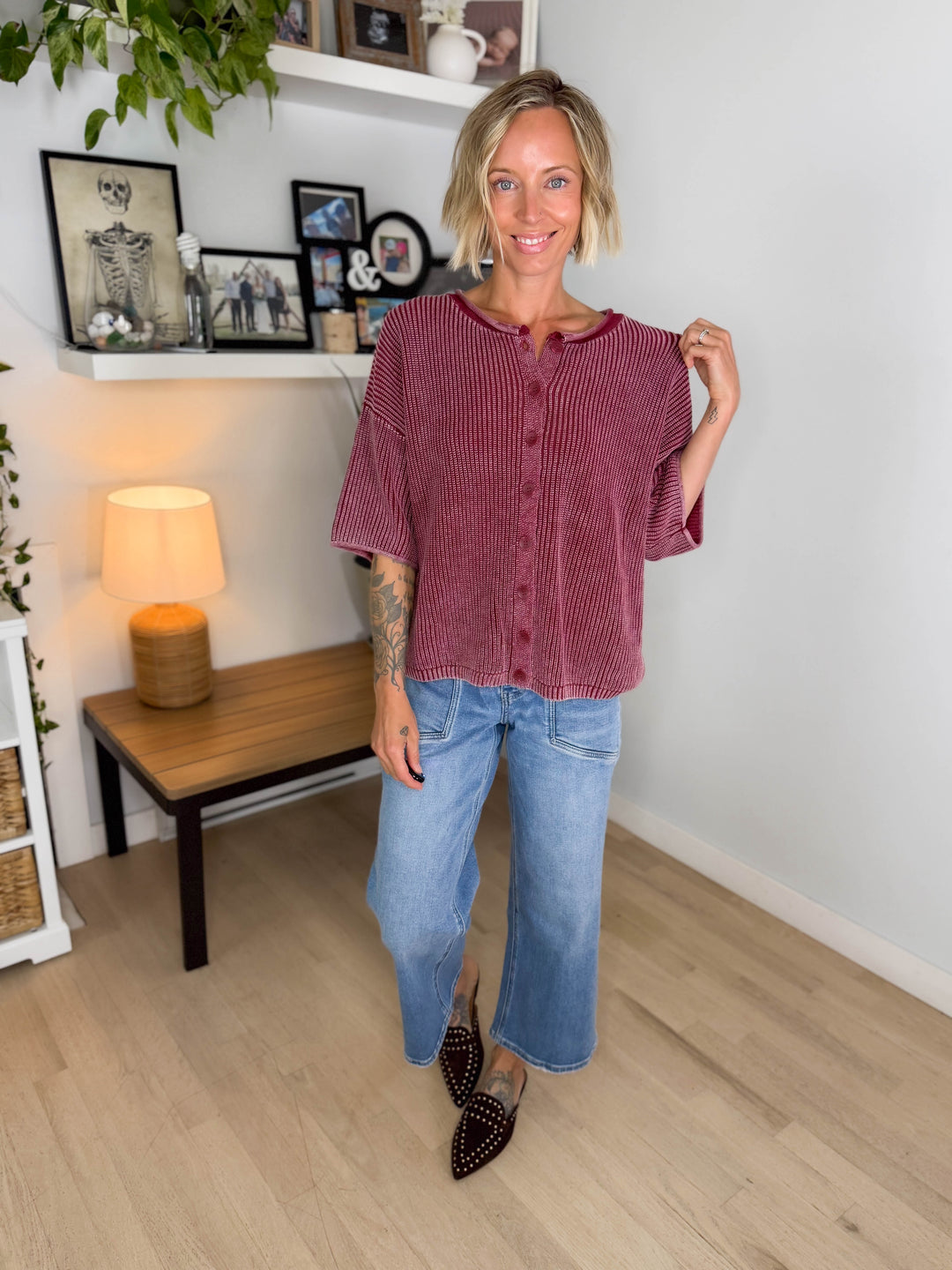 Vesper Washed Cotton Rolled Edge Cardigan- BURGUNDY