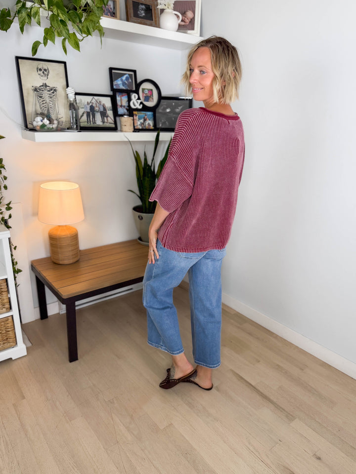 Vesper Washed Cotton Rolled Edge Cardigan- BURGUNDY