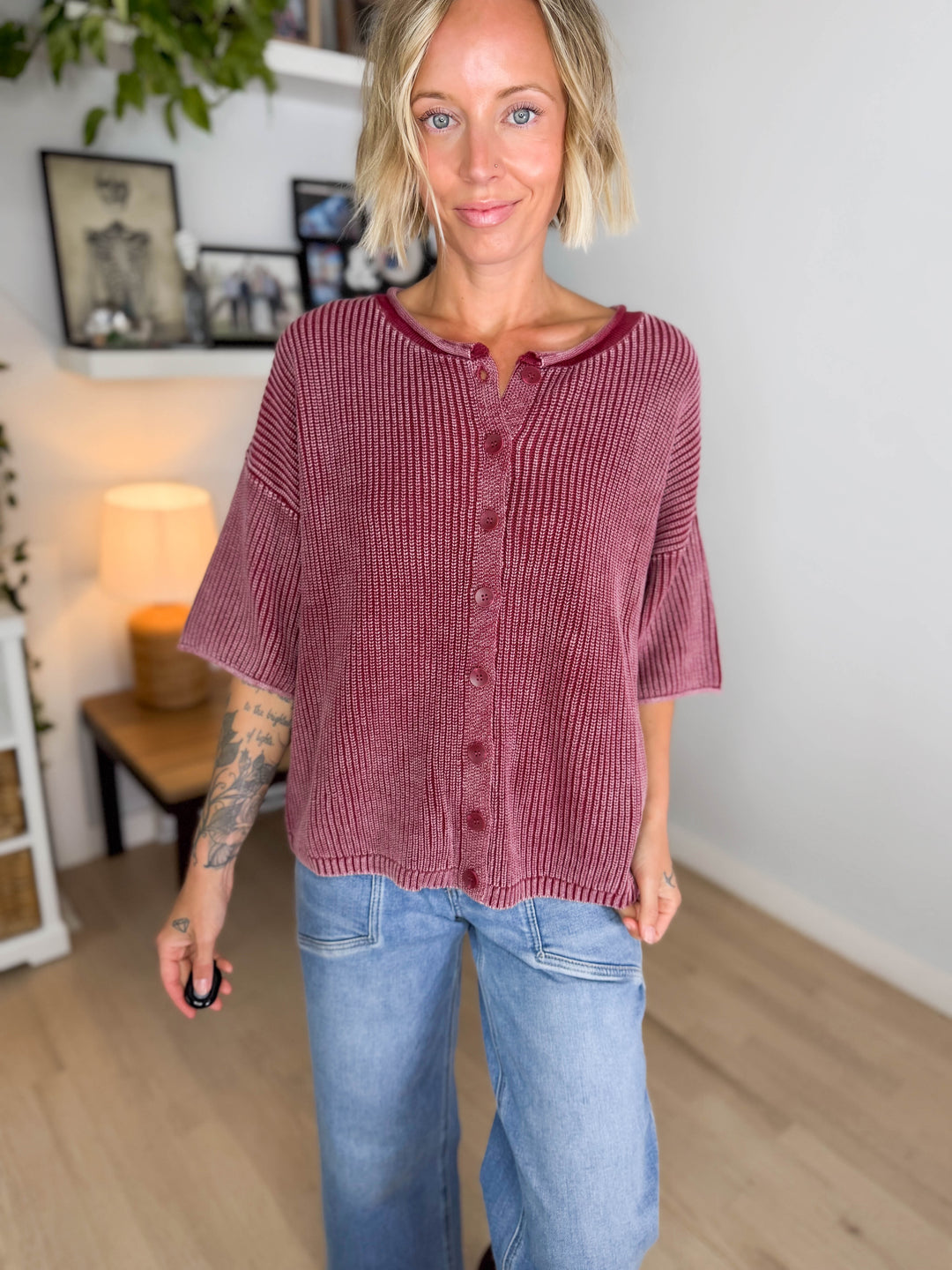 Vesper Washed Cotton Rolled Edge Cardigan- BURGUNDY