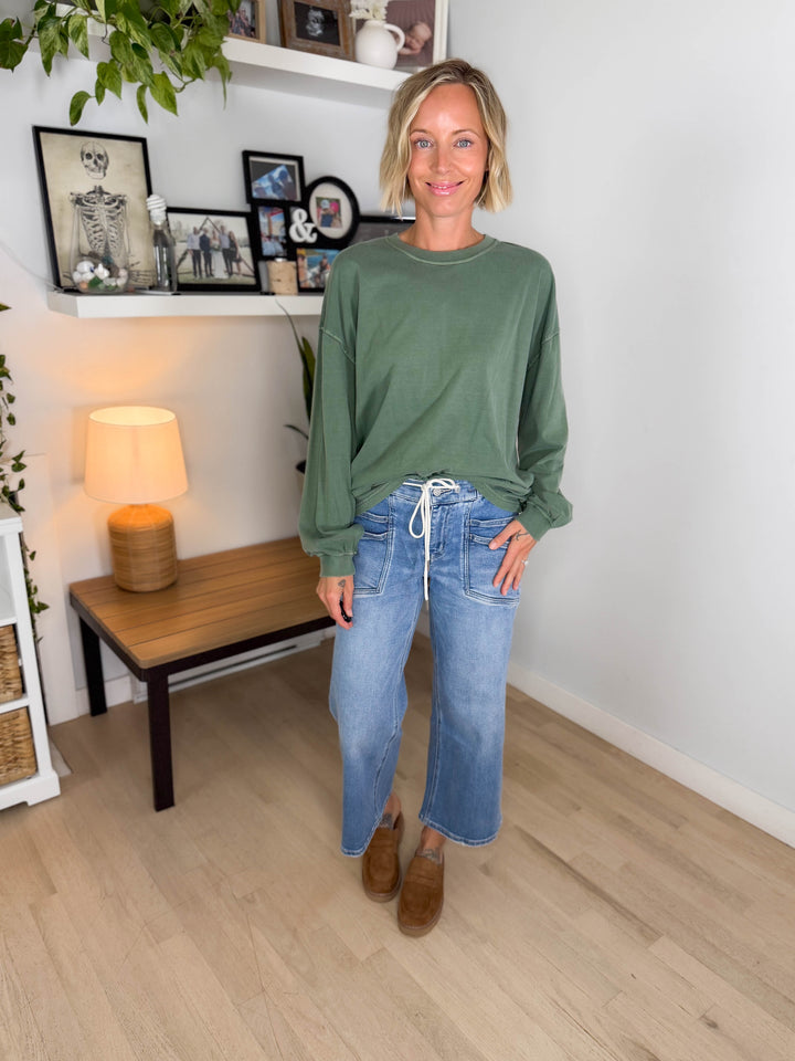 Landyn Washed Cotton Crewneck Long Sleeve- DUSTY GREEN