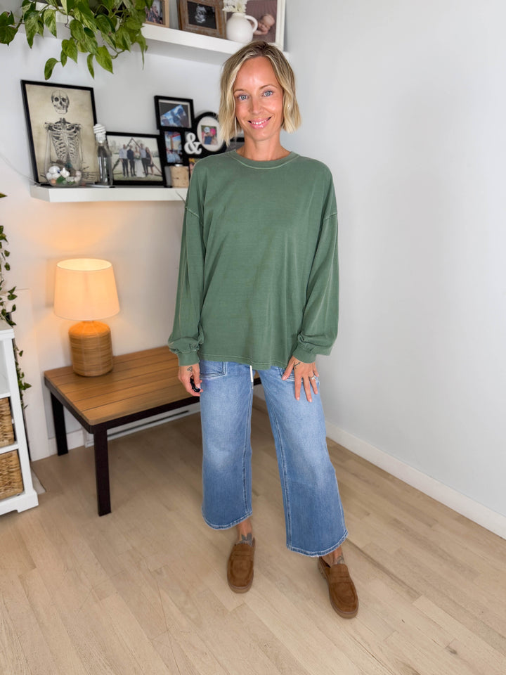 Landyn Washed Cotton Crewneck Long Sleeve- DUSTY GREEN