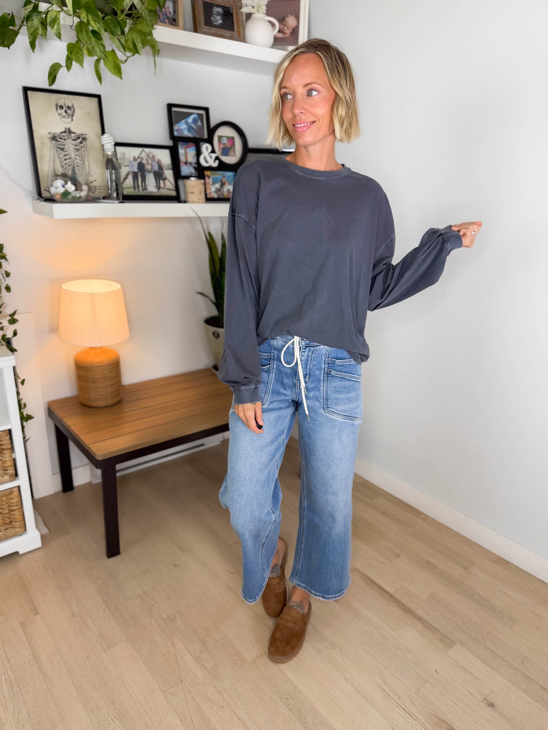Landyn Washed Cotton Crewneck Long Sleeve- NAVY