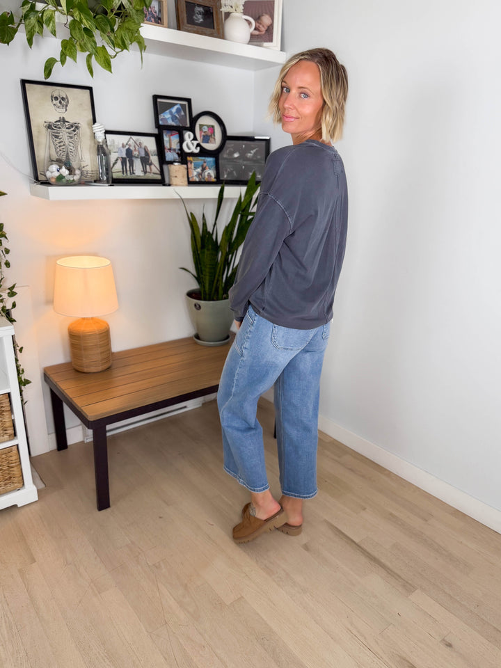 Landyn Washed Cotton Crewneck Long Sleeve- NAVY