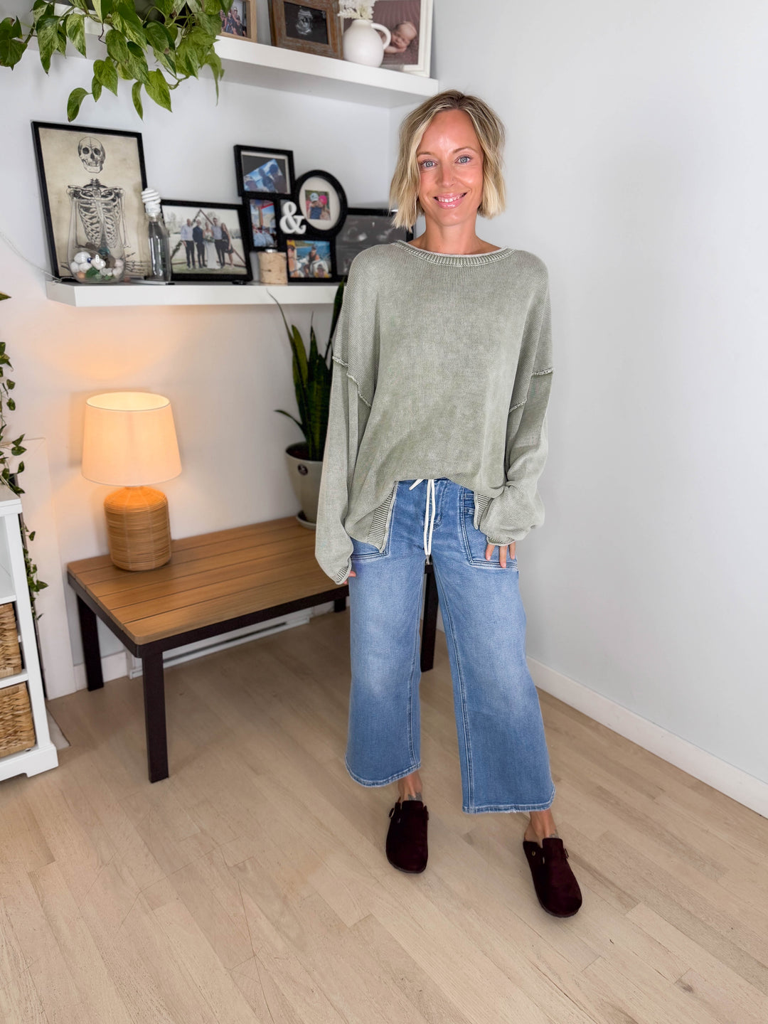 Sorel Washed Cotton Raw Edge Crewneck Sweater- LIGHT OLIVE