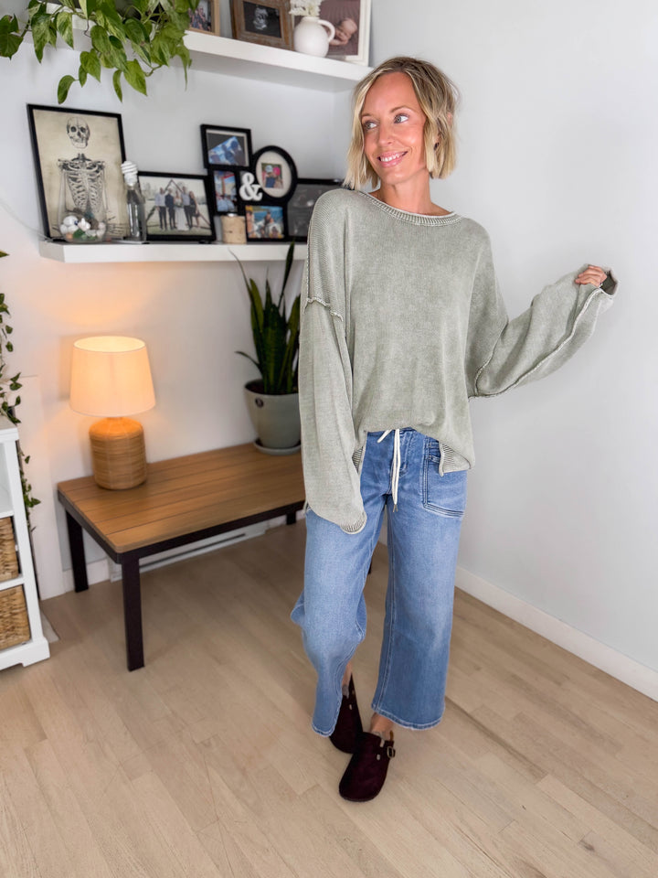 Sorel Washed Cotton Raw Edge Crewneck Sweater- LIGHT OLIVE