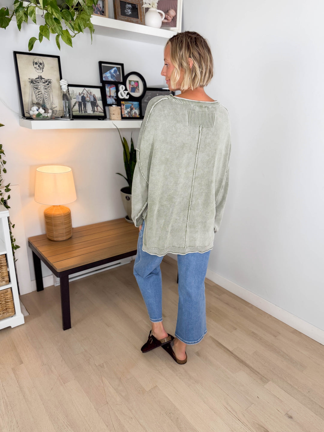 Sorel Washed Cotton Raw Edge Crewneck Sweater- LIGHT OLIVE
