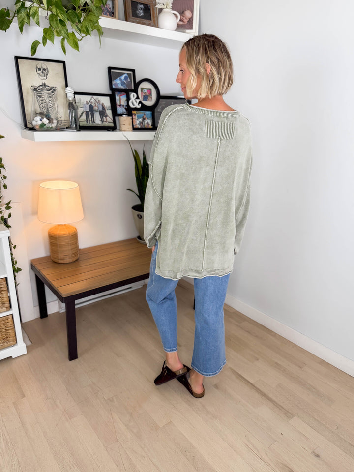 Sorel Washed Cotton Raw Edge Crewneck Sweater- LIGHT OLIVE
