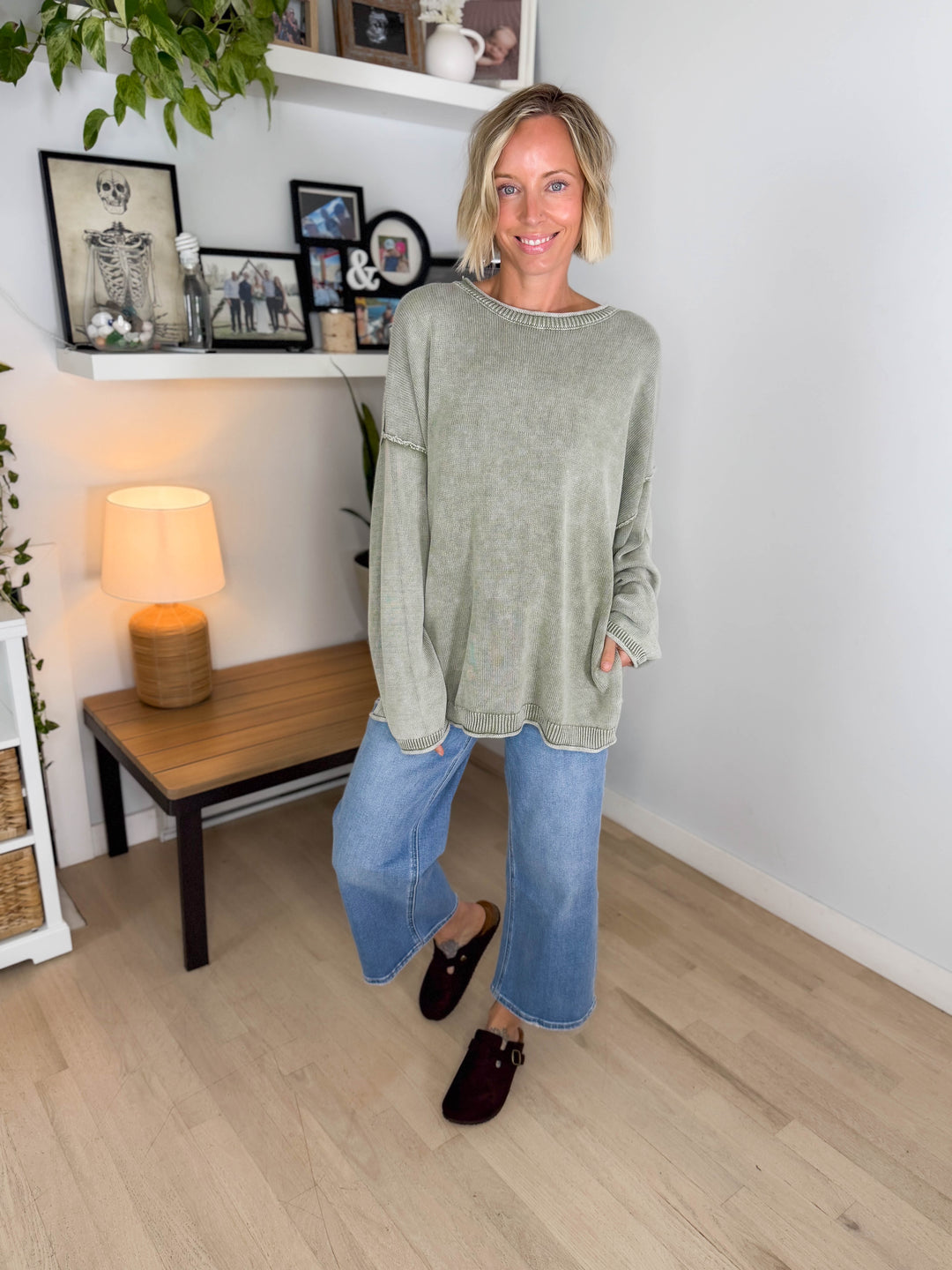 Sorel Washed Cotton Raw Edge Crewneck Sweater- LIGHT OLIVE
