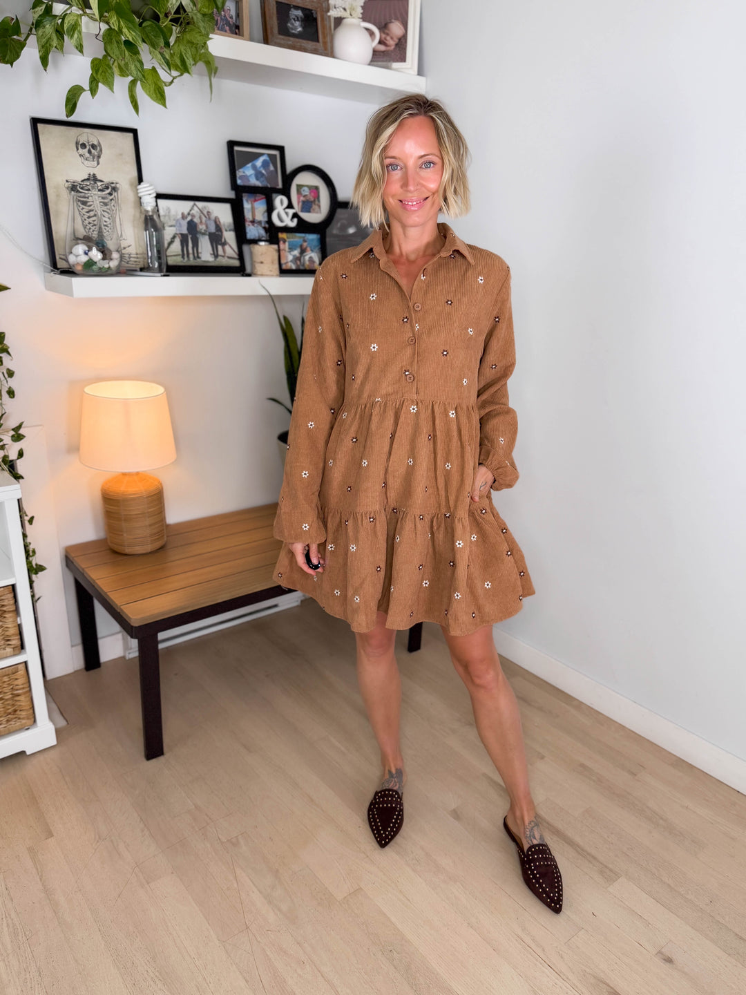 Merlot Embroidered Corduroy Dress- CAMEL