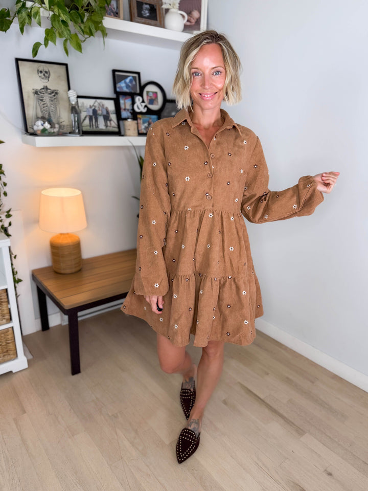 Merlot Embroidered Corduroy Dress- CAMEL
