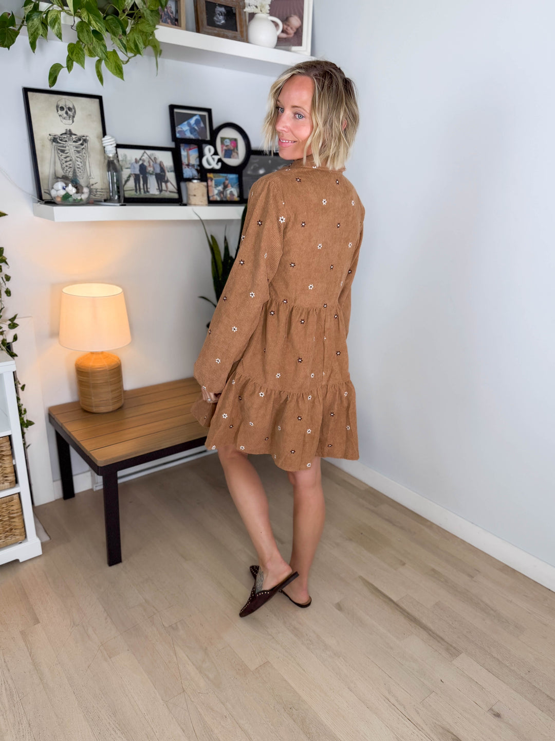 Merlot Embroidered Corduroy Dress- CAMEL