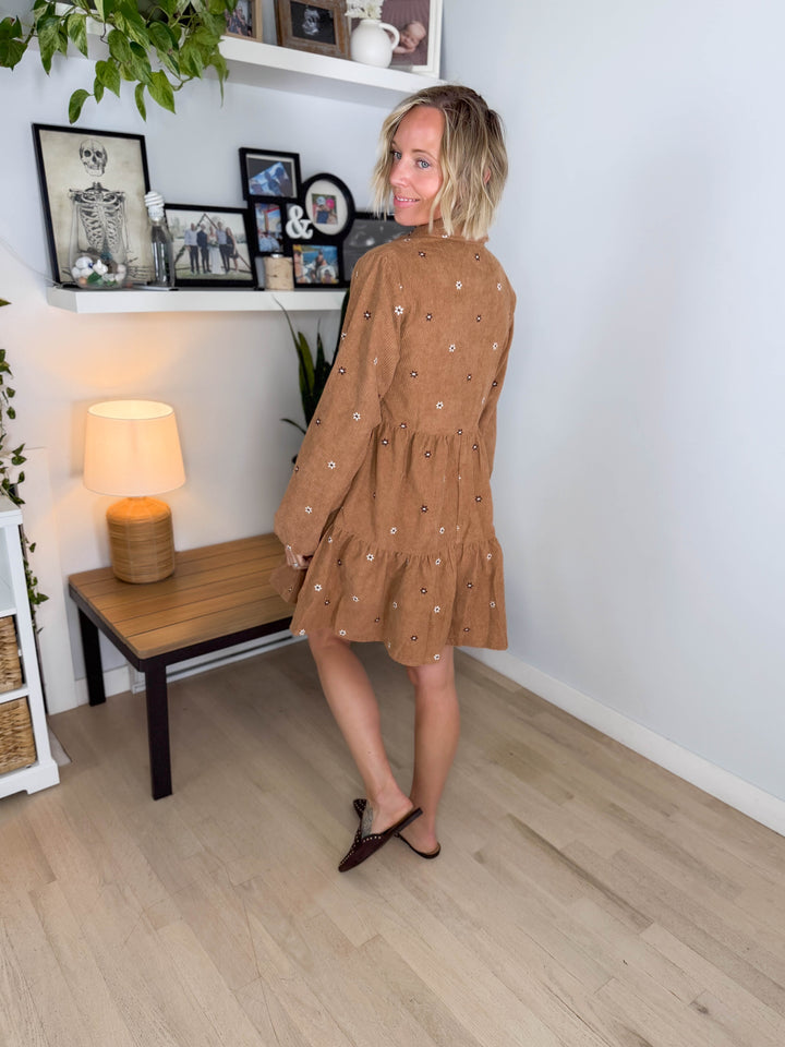 Merlot Embroidered Corduroy Dress- CAMEL