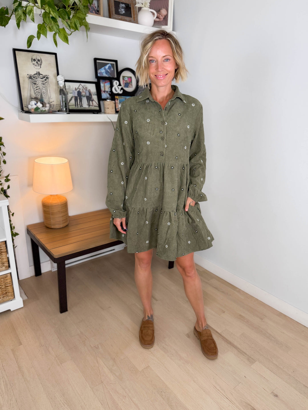 Merlot Embroidered Corduroy Dress- OLIVE
