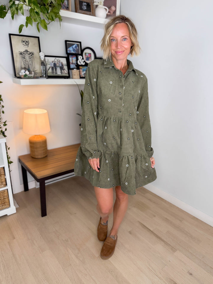 Merlot Embroidered Corduroy Dress- OLIVE