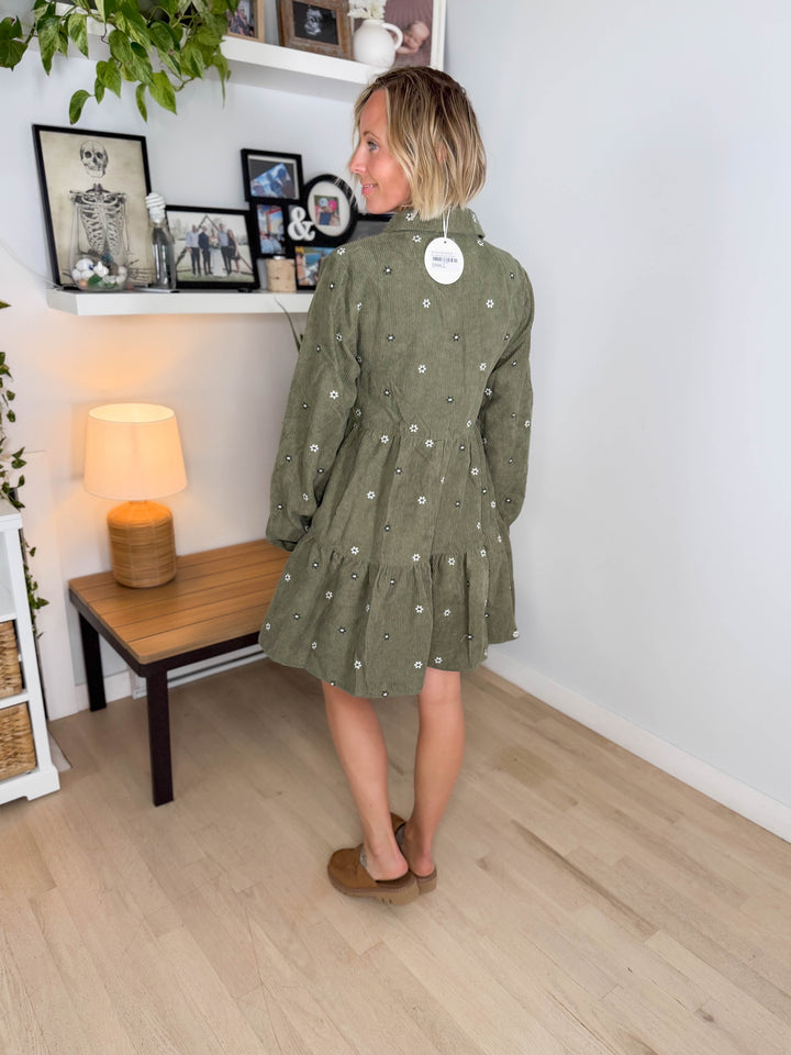 Merlot Embroidered Corduroy Dress- OLIVE