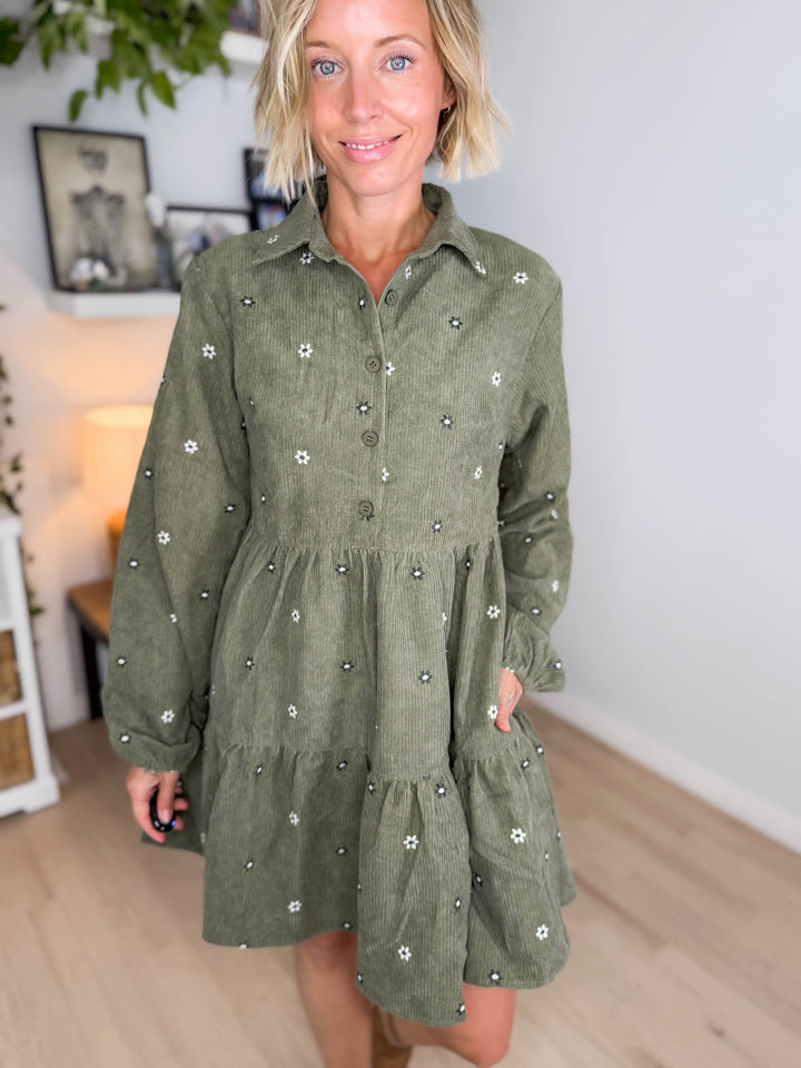 Merlot Embroidered Corduroy Dress- OLIVE