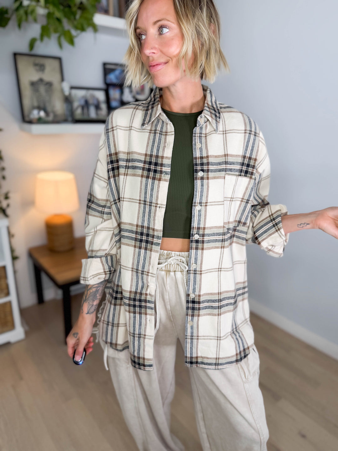 Hartleigh Washed Cotton Plaid Button Down- KHAKI MULTI