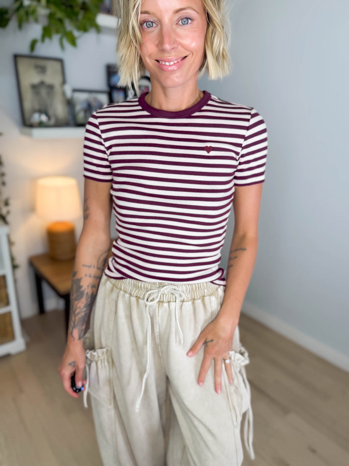 Only Val Organic Cotton Short Sleeve Top- FIG STRIPE HEART