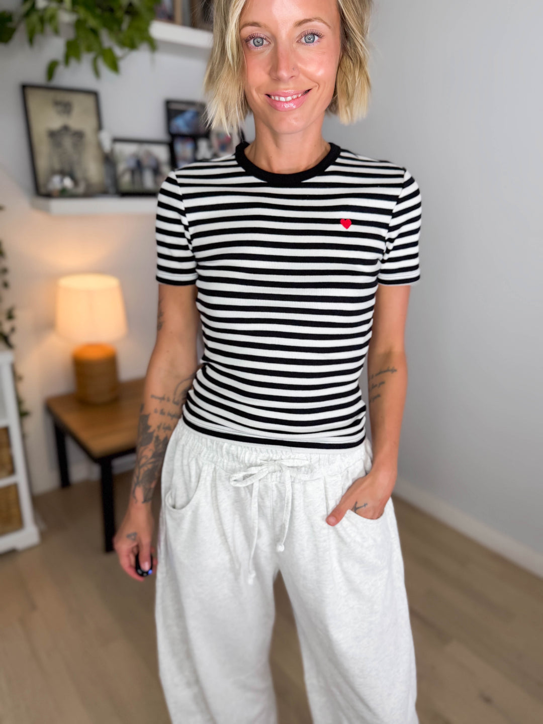Only Val Organic Cotton Short Sleeve Top- BLACK STRIPE HEART