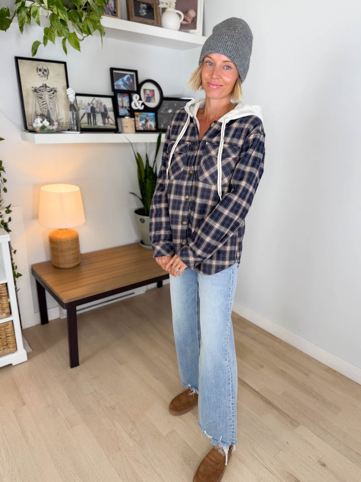 Allspice Fleece Lined Plaid Shacket- NAVY