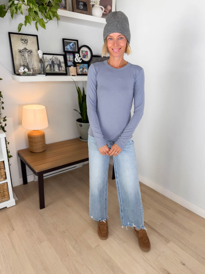 Tansy Basic Crewneck Longsleeve Knit Top- VINTAGE BLUE