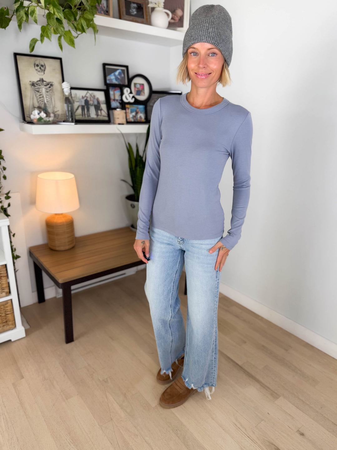 Tansy Basic Crewneck Longsleeve Knit Top- VINTAGE BLUE