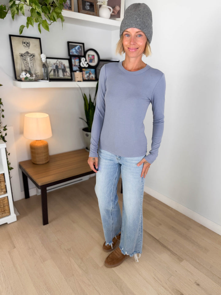 Tansy Basic Crewneck Longsleeve Knit Top- VINTAGE BLUE