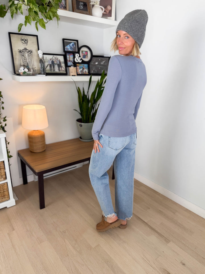 Tansy Basic Crewneck Longsleeve Knit Top- VINTAGE BLUE
