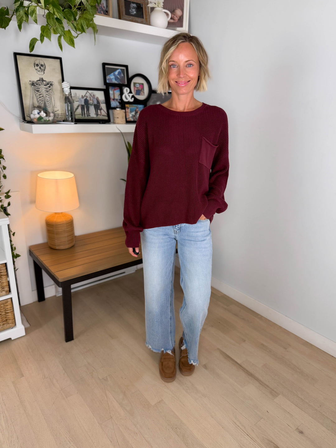 Sunday Raw Edge Pocket Sweater- BURGUNDY