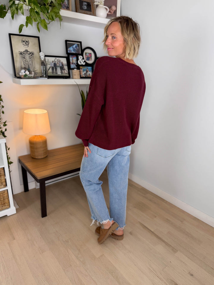 Sunday Raw Edge Pocket Sweater- BURGUNDY