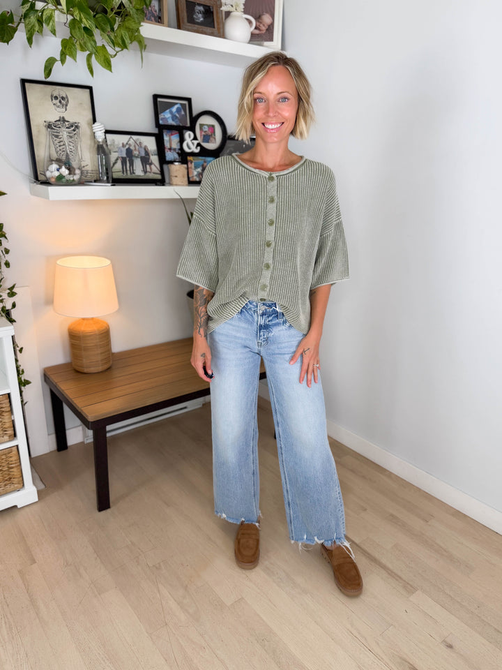 Vesper Washed Cotton Rolled Edge Cardigan- LIGHT OLIVE