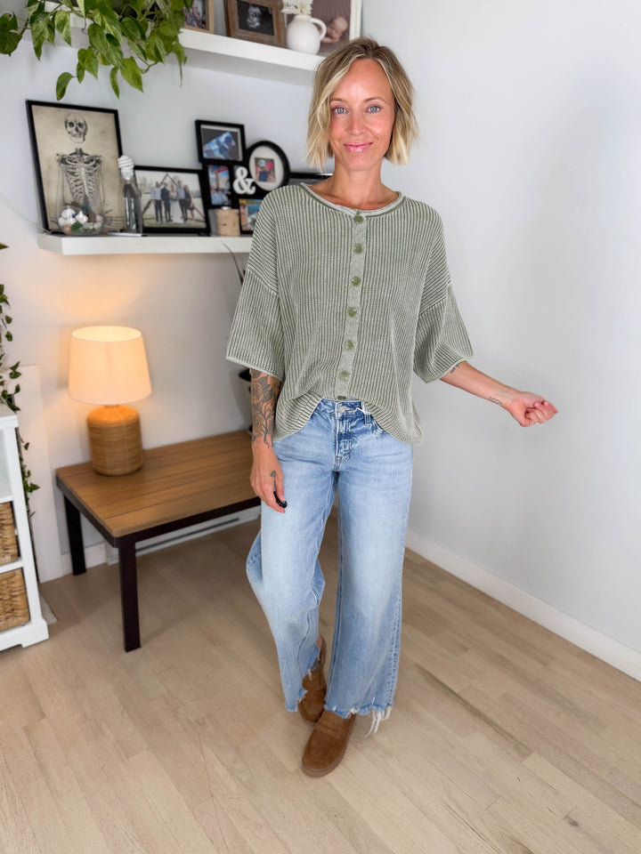 Vesper Washed Cotton Rolled Edge Cardigan- LIGHT OLIVE