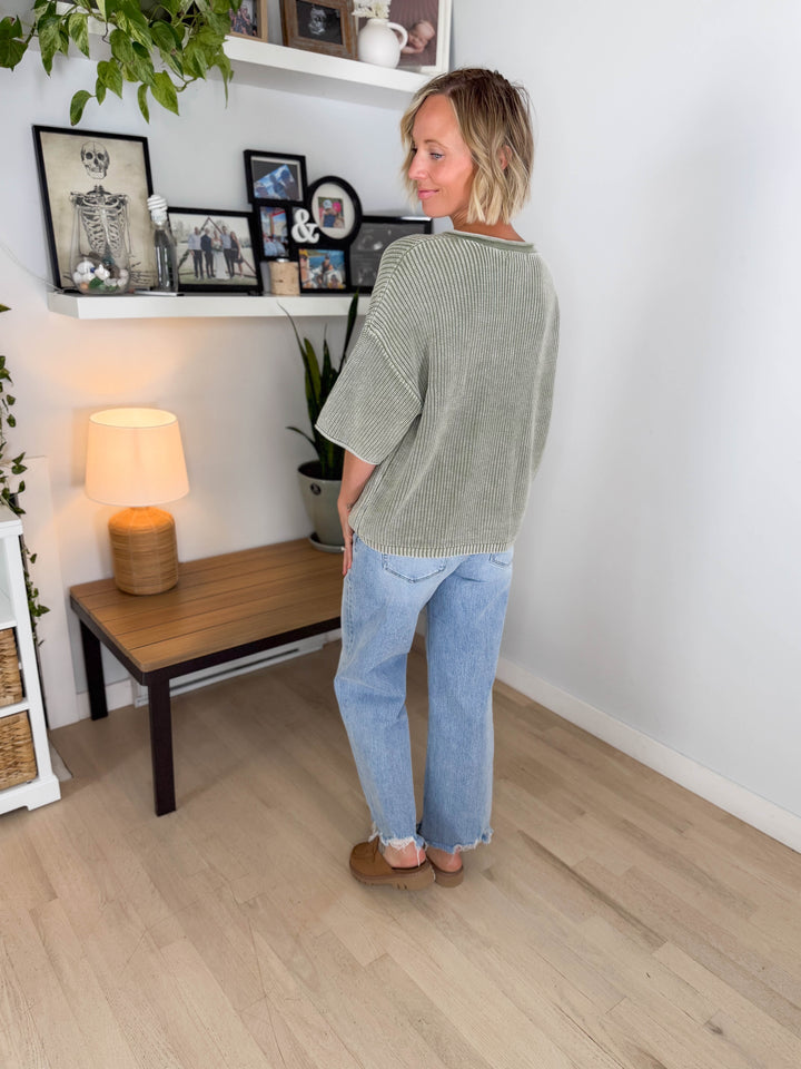 Vesper Washed Cotton Rolled Edge Cardigan- LIGHT OLIVE