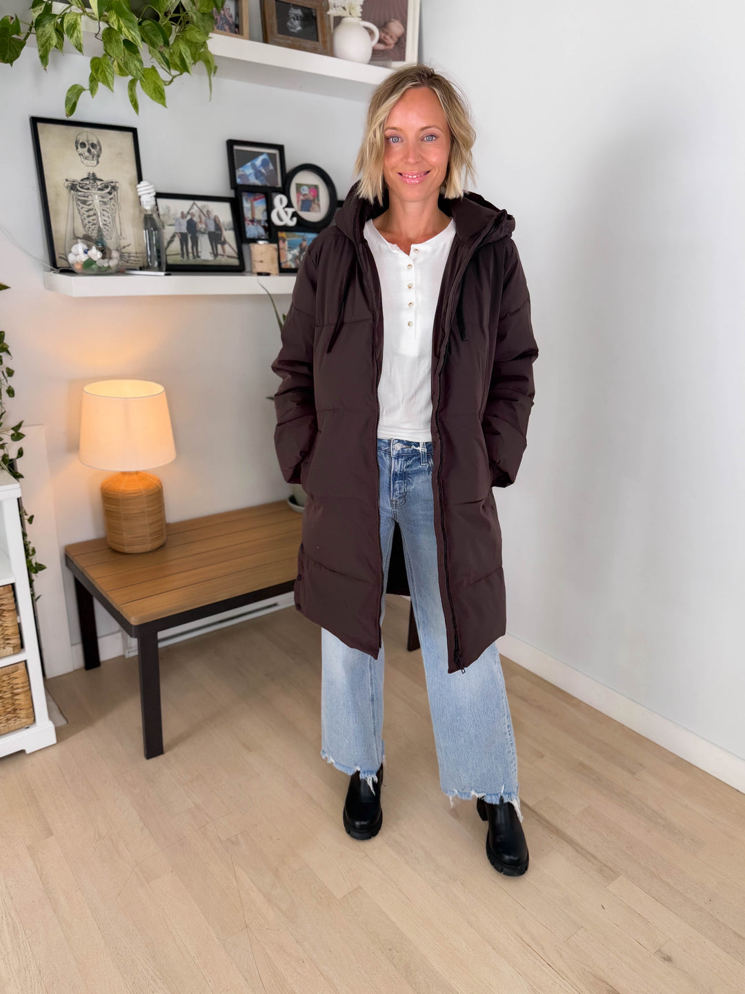 ONLY Blair Long Hooded Puffer Jacket- CHOCOLATE