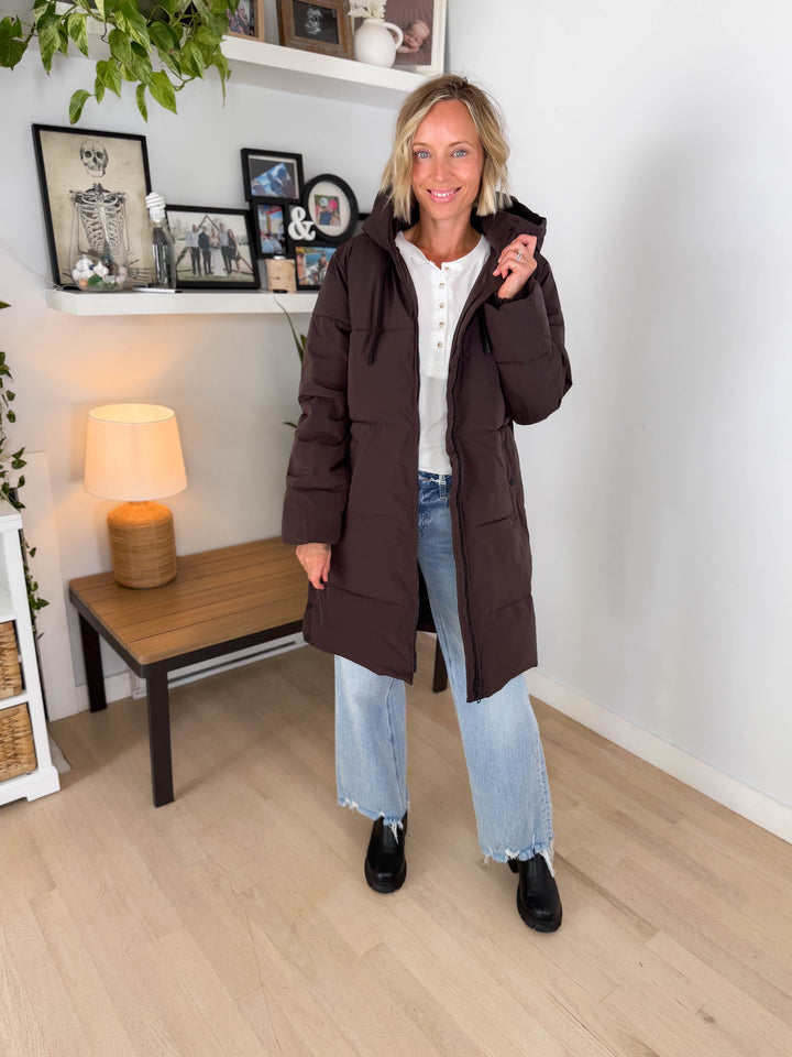 ONLY Blair Long Hooded Puffer Jacket- CHOCOLATE