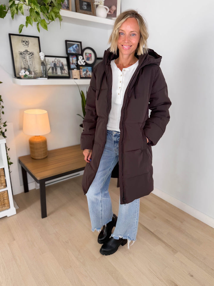 ONLY Blair Long Hooded Puffer Jacket- CHOCOLATE