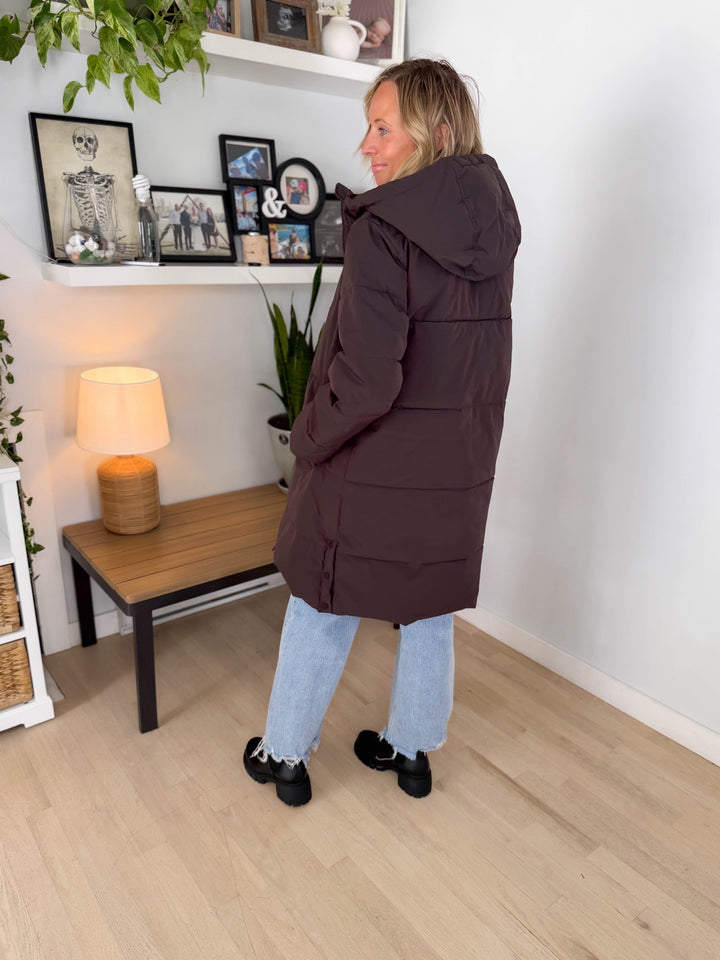 ONLY Blair Long Hooded Puffer Jacket- CHOCOLATE