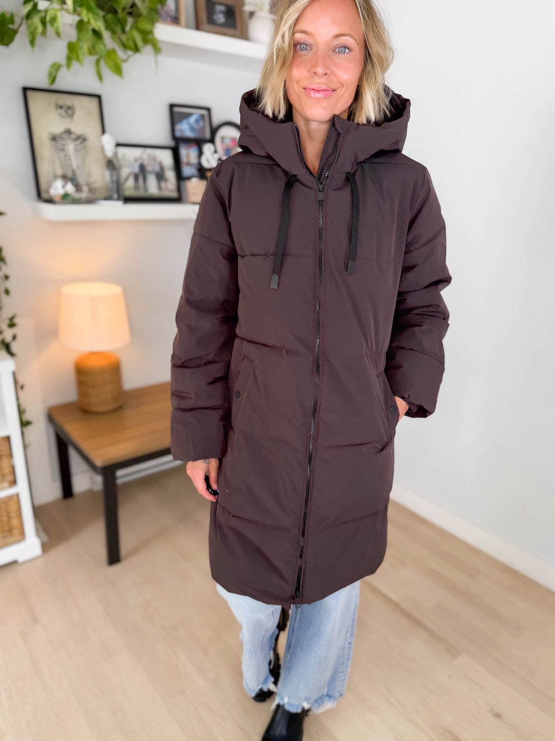 ONLY Blair Long Hooded Puffer Jacket- CHOCOLATE