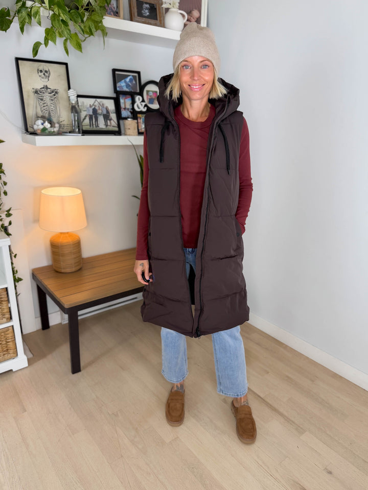 ONLY Blair Long Hooded Puffer Vest- CHOCOLATE TORTE