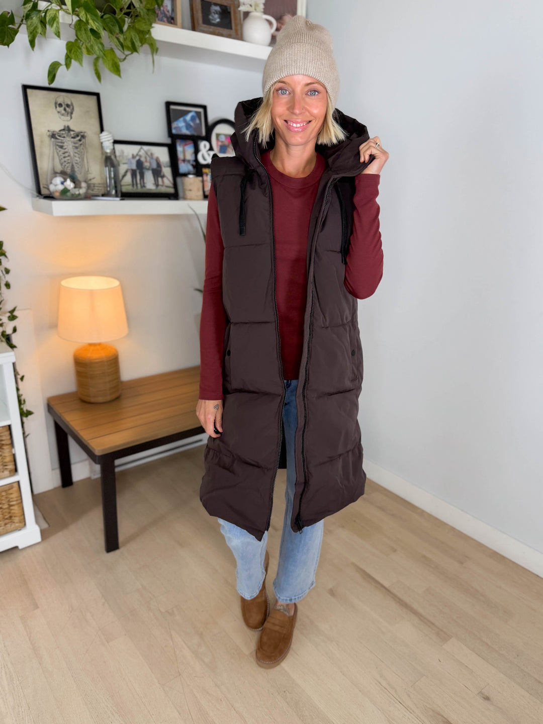 ONLY Blair Long Hooded Puffer Vest- CHOCOLATE TORTE