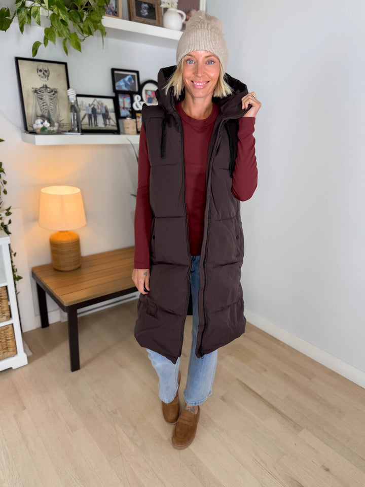 ONLY Blair Long Hooded Puffer Vest- CHOCOLATE TORTE