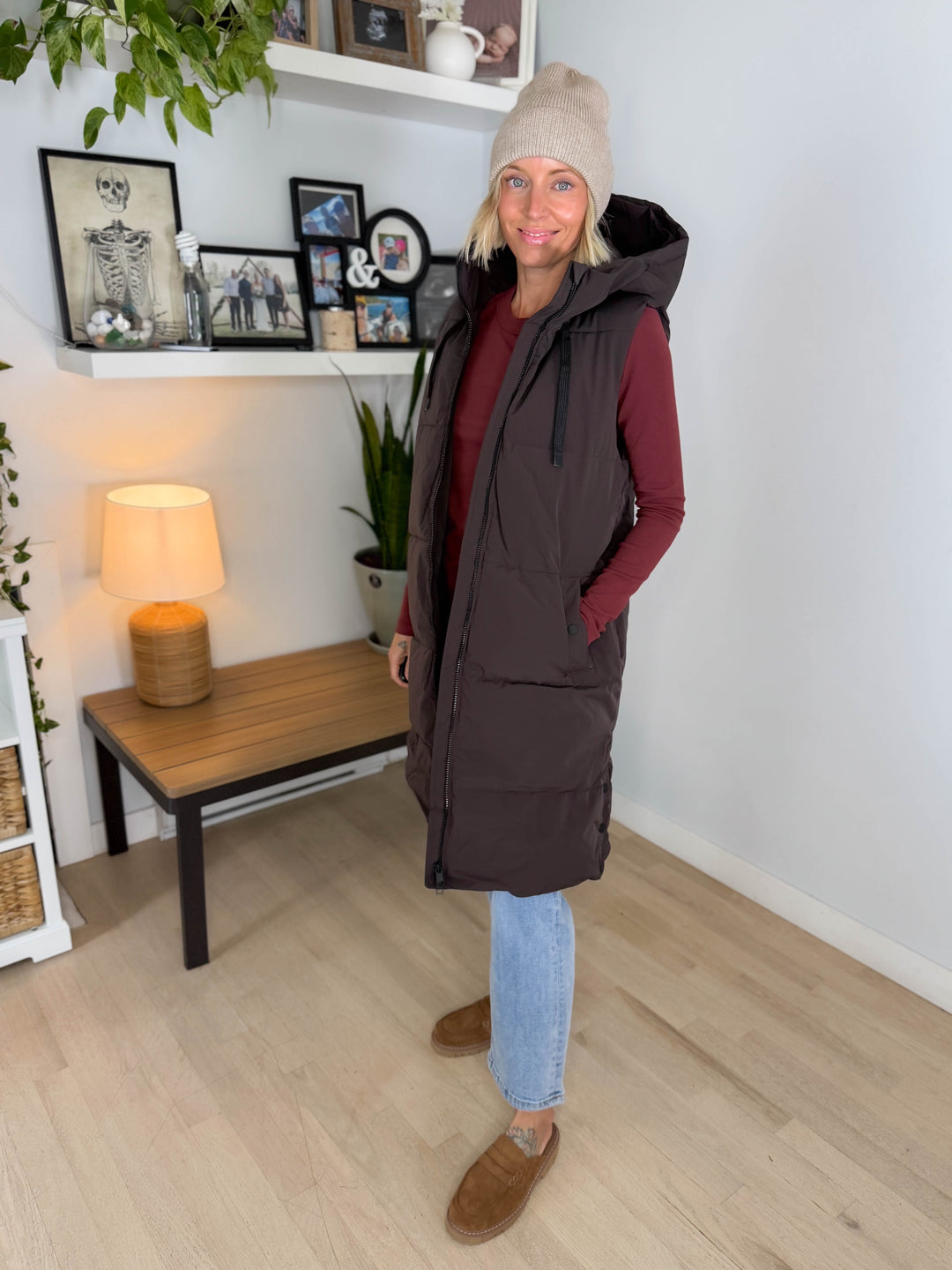 ONLY Blair Long Hooded Puffer Vest- CHOCOLATE TORTE