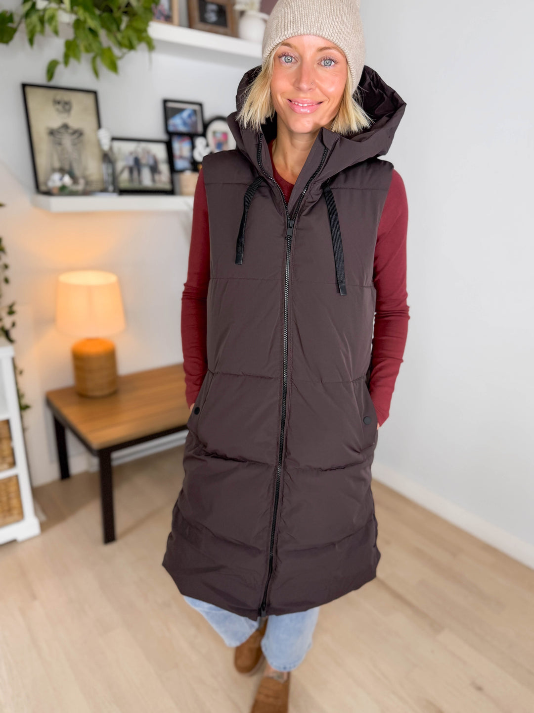 ONLY Blair Long Hooded Puffer Vest- CHOCOLATE TORTE