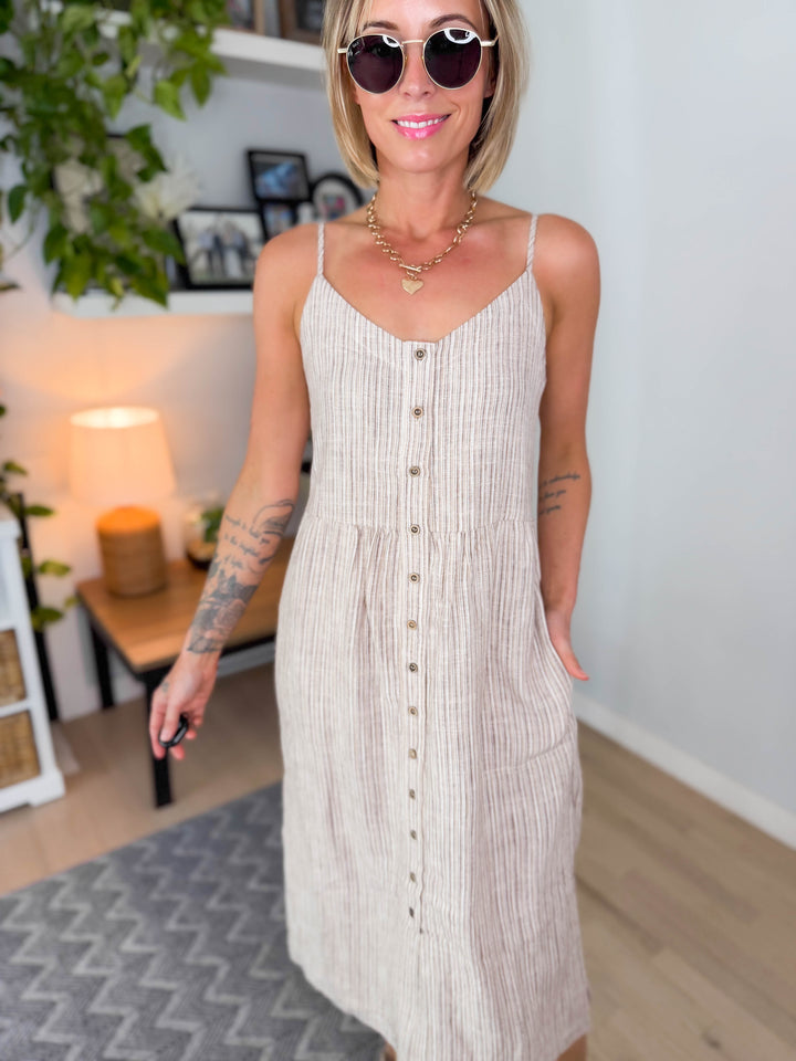 Arlowe Linen Blend Tank Dress- BROWN STRIPE