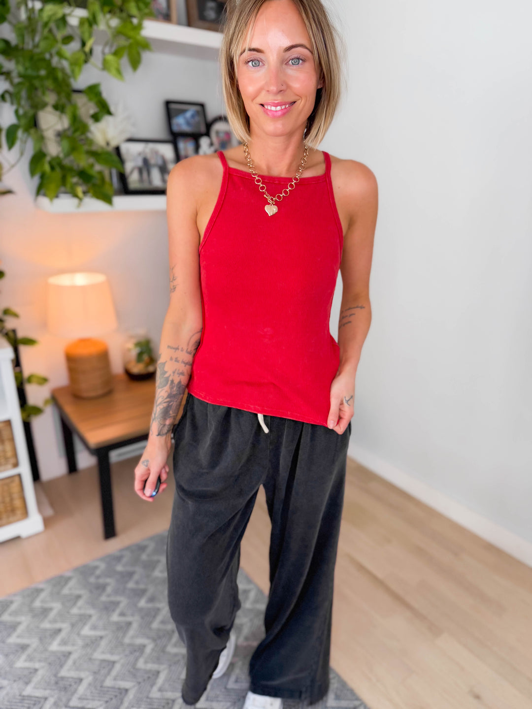 Virelle Washed Halter Tank- RED